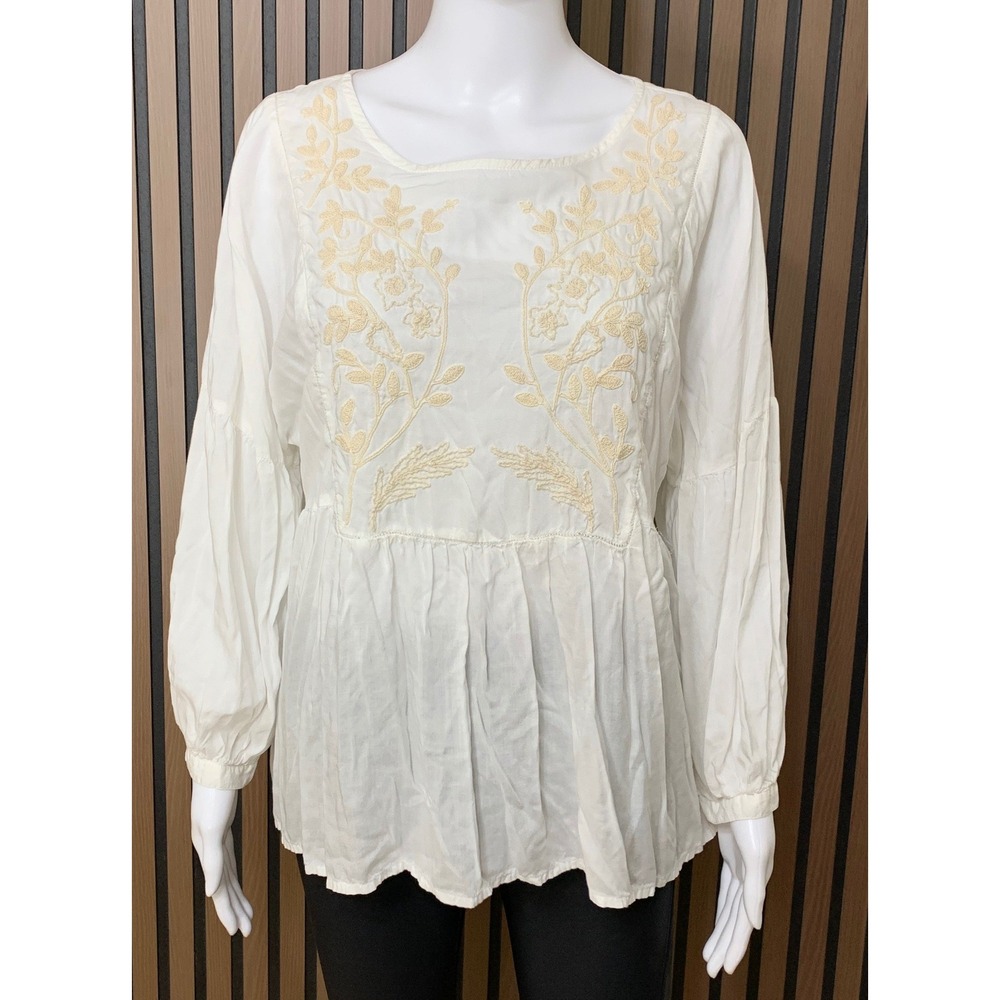 Lucky Brand White Embroidered Peasant Boho Top Waist Long Sleeve Blouse L